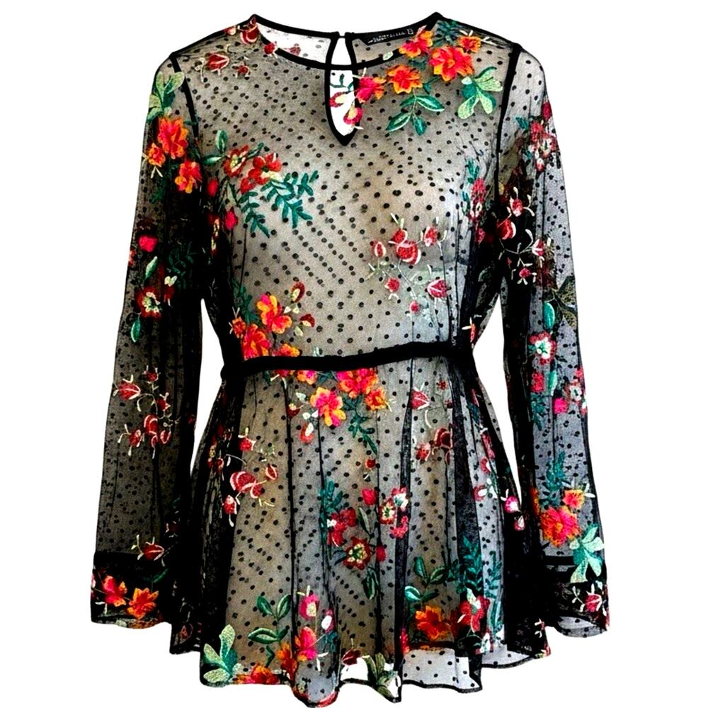 Zara Floral Embroidered Mesh Top Sheer Polka Dot Fairy Boho Indie Festival M